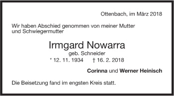 Traueranzeige von Irmgard Nowarra von NWZ Neue Württembergische Zeitung