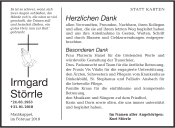 Traueranzeige von Irmgard Störrle von Hohenloher Tagblatt