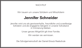 Traueranzeige von Jennifer Schneider von Geislinger Zeitung