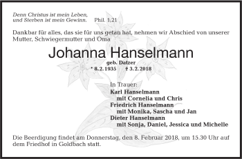 Traueranzeige von Johanna Hanselmann von Hohenloher Tagblatt