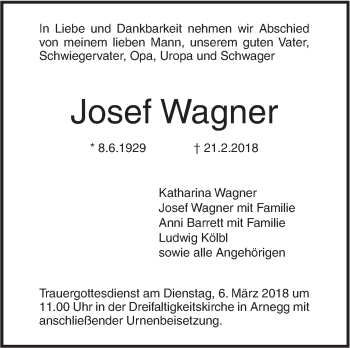 Traueranzeige von Josef Wagner von SÜDWEST PRESSE Ausgabe Ulm/Neu-Ulm