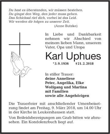 Traueranzeige von Karl Uphues von Hohenloher Tagblatt