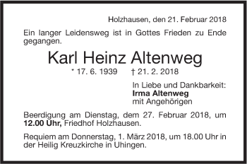 Traueranzeige von Karl Heinz Altenweg von NWZ Neue Württembergische Zeitung