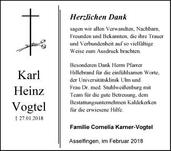 Traueranzeige von Karl Heinz Vogtel von SÜDWEST PRESSE Ausgabe Ulm/Neu-Ulm