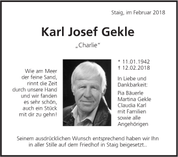 Traueranzeige von Karl Josef Gekle von SÜDWEST PRESSE Ausgabe Ulm/Neu-Ulm