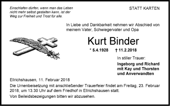 Traueranzeige von Kurt Binder von Hohenloher Tagblatt