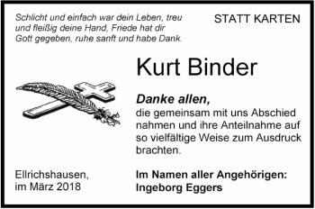 Traueranzeige von Kurt Binder von Hohenloher Tagblatt