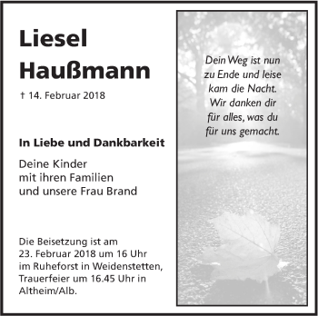 Traueranzeige von Liesel Haußmann von SÜDWEST PRESSE Ausgabe Ulm/Neu-Ulm