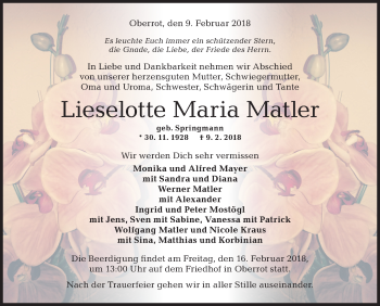 Traueranzeige von Lieselotte Maria Matler von Rundschau Gaildorf