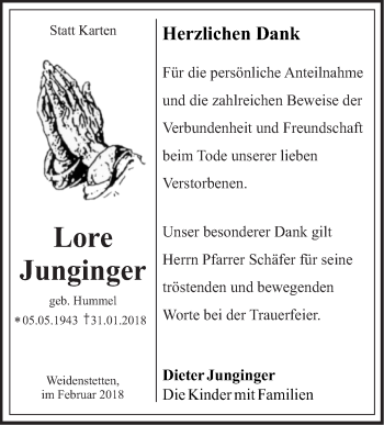 Traueranzeige von Lore Junginger von SÜDWEST PRESSE Ausgabe Ulm/Neu-Ulm