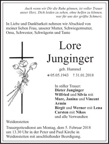 Traueranzeige von Lore Junginger von Geislinger Zeitung