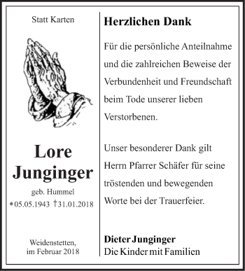 Traueranzeige von Lore Junginger von Geislinger Zeitung