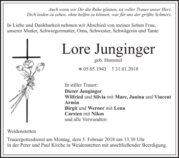 Traueranzeige von Lore Junginger von SÜDWEST PRESSE Ausgabe Ulm/Neu-Ulm