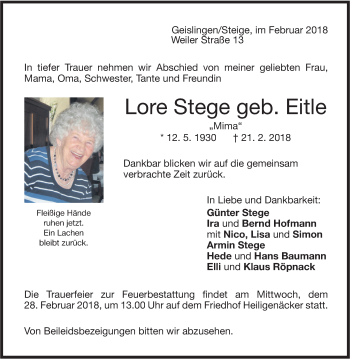 Traueranzeige von Lore Stege von Geislinger Zeitung