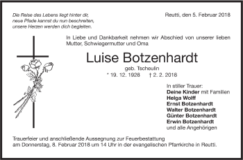 Traueranzeige von Luise Botzenhardt von SÜDWEST PRESSE Ausgabe Ulm/Neu-Ulm