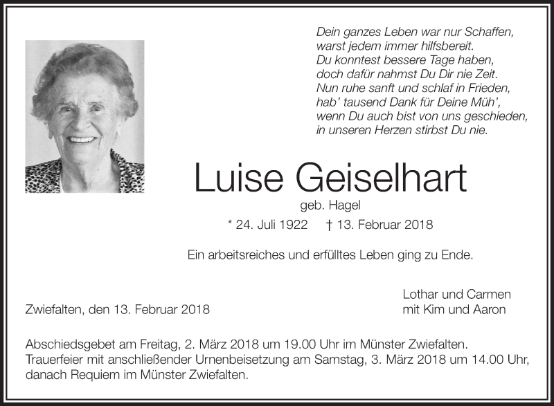 Traueranzeigen von Luise Geiselhart | Südwest Presse Trauer