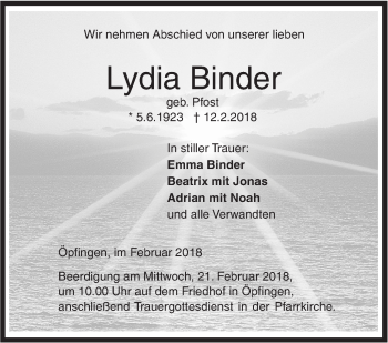 Traueranzeige von Lydia Binder von Ehinger Tagblatt