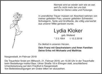 Traueranzeige von Lydia Kloker von Ehinger Tagblatt