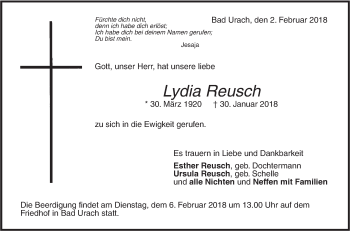 Traueranzeige von Lydia Reusch von Metzinger-Uracher Volksblatt