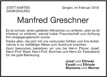 Traueranzeige von Manfred Greschner von NWZ Neue Württembergische Zeitung/Geislinger Zeitung