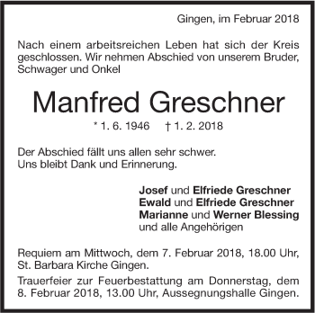 Traueranzeige von Manfred Greschner von Geislinger Zeitung