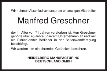 Traueranzeige von Manfred Greschner von Geislinger Zeitung