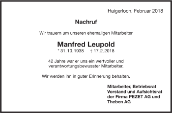 Traueranzeige von Manfred Leupold von Hohenzollerische Zeitung