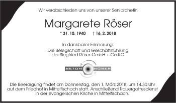 Traueranzeige von Margarete Röser von Rundschau Gaildorf