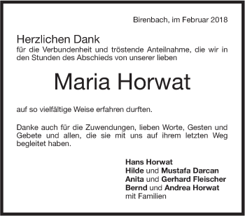 Traueranzeige von Maria Horwat von NWZ Neue Württembergische Zeitung