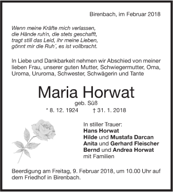 Traueranzeige von Maria Horwat von NWZ Neue Württembergische Zeitung