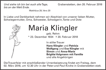 Traueranzeige von Maria Klingler von Alb-Bote/Metzinger-Uracher Volksblatt