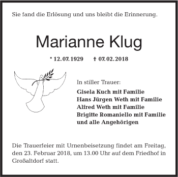 Traueranzeige von Marianne Klug von Haller Tagblatt