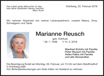 Traueranzeige von Marianne Reusch von Metzinger-Uracher Volksblatt