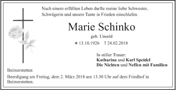 Traueranzeige von Marie Schinko von SÜDWEST PRESSE Ausgabe Ulm/Neu-Ulm