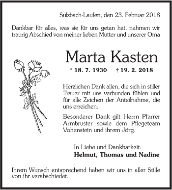 Traueranzeige von Marta Kasten von Rundschau Gaildorf