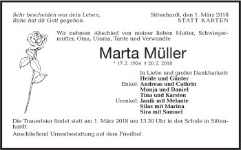 Traueranzeige von Marta Müller von Haller Tagblatt