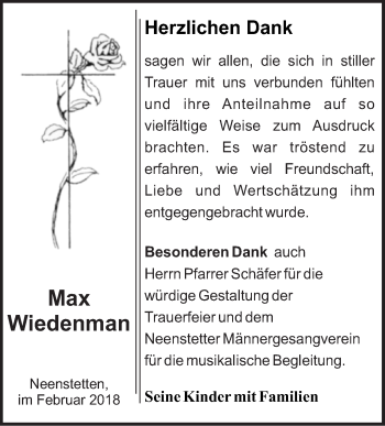 Traueranzeige von Max Wiedenman von SÜDWEST PRESSE Ausgabe Ulm/Neu-Ulm