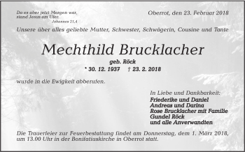 Traueranzeige von Mechthild Brucklacher von Rundschau Gaildorf