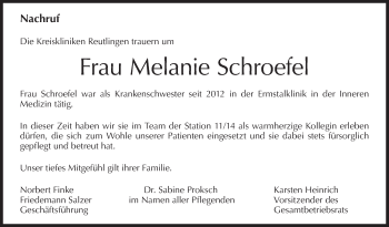 Traueranzeige von Melanie Schroefel von Metzinger-Uracher Volksblatt