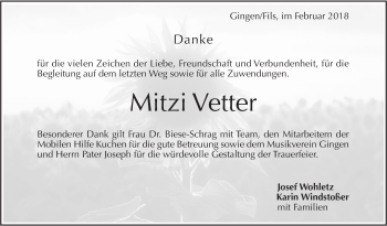 Traueranzeige von Mitzi Vetter von Geislinger Zeitung