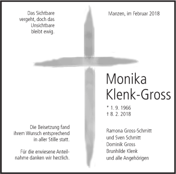 Traueranzeige von Monika Klenk-Gross von NWZ Neue Württembergische Zeitung