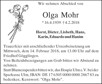 Traueranzeige von Olga Mohr von SÜDWEST PRESSE Ausgabe Ulm/Neu-Ulm