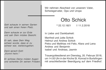 Traueranzeige von Otto Schick von SÜDWEST PRESSE