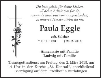 Traueranzeige von Paula Eggle von SÜDWEST PRESSE Ausgabe Ulm/Neu-Ulm