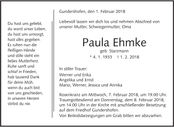 Traueranzeige von Paula Ehmke von Metzinger-Uracher Volksblatt