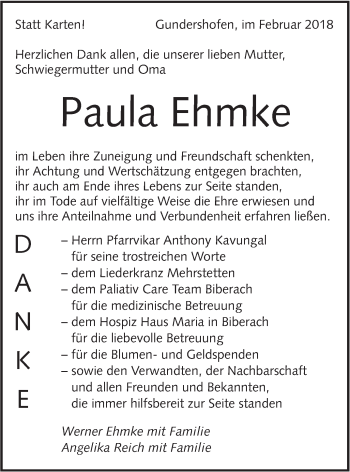 Traueranzeige von Paula Ehmke von Metzinger-Uracher Volksblatt