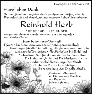 Traueranzeige von Reinhold Herb von Alb-Bote/Metzinger-Uracher Volksblatt