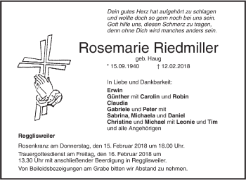 Traueranzeige von Rosemarie Riedmiller von Illertal Bote