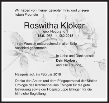 Traueranzeige von Roswitha Kloker von Ehinger Tagblatt