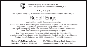 Traueranzeige von Rudolf Engel von Haller Tagblatt